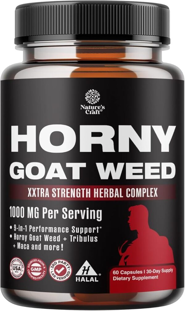 Horny Goat Weed Extract Complex - Potent Men's Sexual Health Supplement & Libido Booster for Men - Men's Sexual Performance Supplements for Male Enhancement with Tribulus & Saw Palmetto - 30 Servings