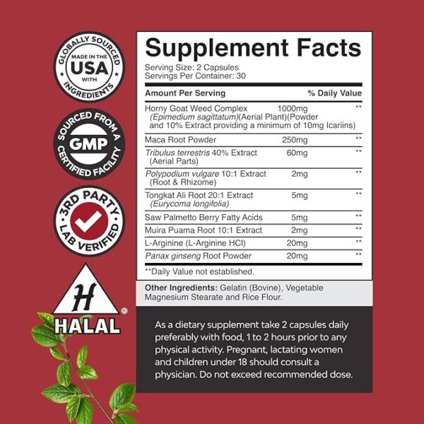 Horny Goat Weed Extract Complex - Potent Men's Sexual Health Supplement & Libido Booster for Men - Men's Sexual Performance Supplements for Male Enhancement with Tribulus & Saw Palmetto - 30 Servings - Image 2
