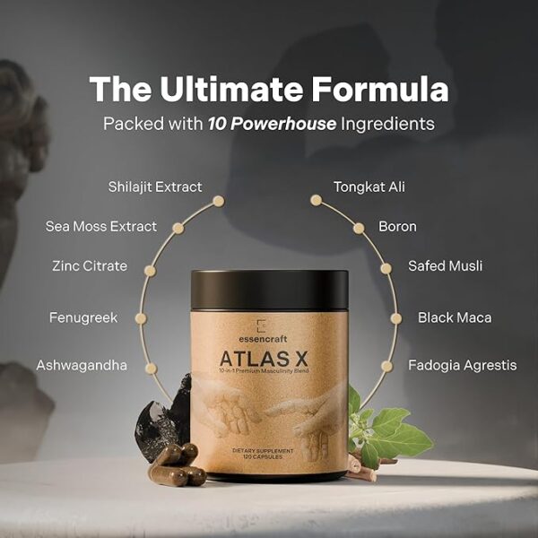 ATLAS X 10-in-1 Masculinity Maximiser Supplement for Men - Energy, Strength & Vitality Capsules with Shilajit, Ashwagandha, Zinc, Safed Musli, Tongkat Ali, Black Maca, Fadogia Agrestis, 2 Month Supply - Image 2