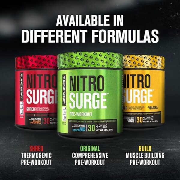 Jacked Factory NITROSURGE Pre Workout Supplement - Energy Booster, Instant Strength Gains, Clear Focus & Intense Pumps - NO Booster & Powerful Preworkout Energy Powder - 30 Servings, Blue Raspberry - Image 5