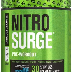 Jacked Factory NITROSURGE Pre Workout Supplement - Energy Booster, Instant Strength Gains, Clear Focus & Intense Pumps - NO Booster & Powerful Preworkout Energy Powder - 30 Servings, Blue Raspberry