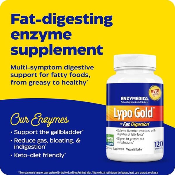 Enzymedica Lypo Gold, Digestive Enzymes for Fat Digestion, Offers Fast Acting Gas & Bloating Relief, 120 Count - Image 3