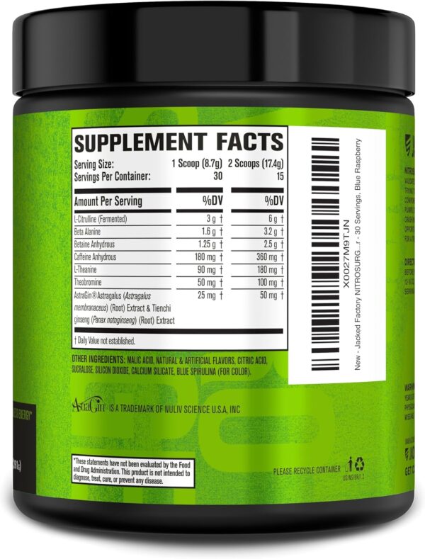 Jacked Factory NITROSURGE Pre Workout Supplement - Energy Booster, Instant Strength Gains, Clear Focus & Intense Pumps - NO Booster & Powerful Preworkout Energy Powder - 30 Servings, Blue Raspberry - Image 8