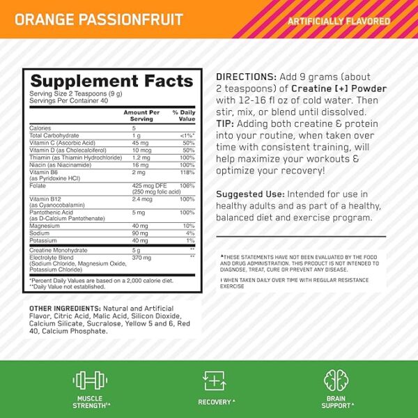 Optimum Nutrition Creatine Monohydrate Plus Powder, Orange Passionfruit Flavored Creatine Performance Blend With Electrolytes for Hydration, Added Vitamins, 40 Servings, 360 Grams (Packaging May Vary) - Image 2