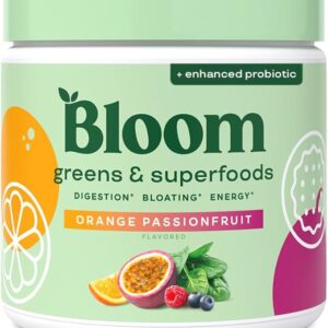 Bloom Nutrition Superfood Greens Powder, Digestive Enzymes with Probiotics and Prebiotics, Gut Health, Bloating Relief for Women, Chlorella, Juice Mix w/Beet Root Powder, 30 SVG, Orange Passionfruit