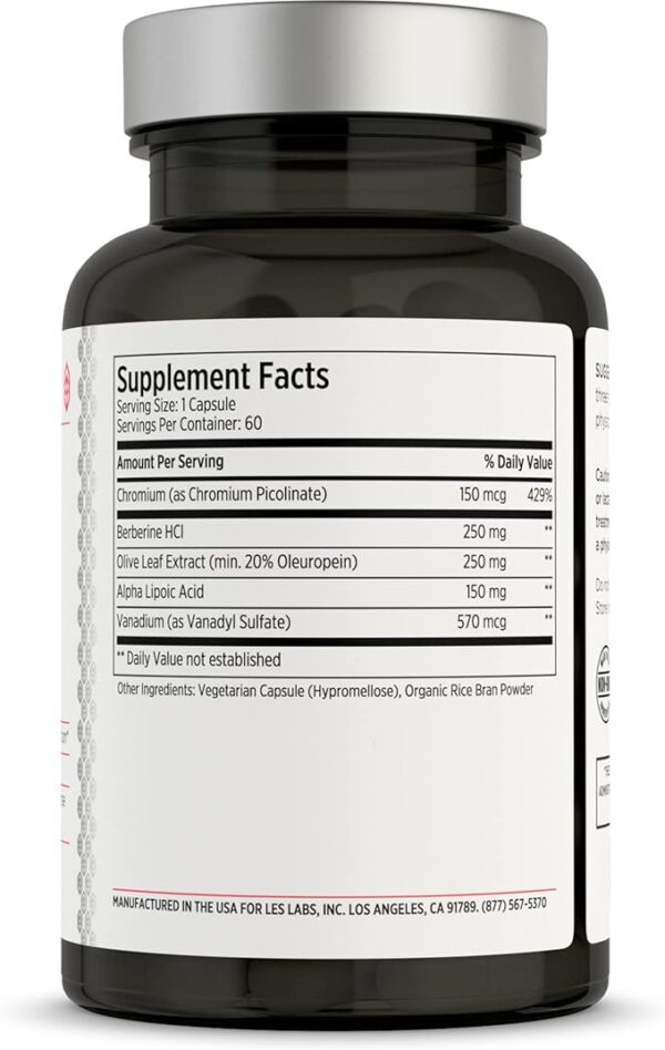 LES Labs Insulin Health – Metabolic Health and Support, Lipid & Carbohydrate Metabolism – Berberine, Chromium, Olive Leaf, Alpha Lipoic Acid & Vanadium – Non-GMO Supplement – 60 Capsules - Image 2