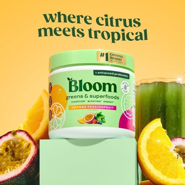 Bloom Nutrition Superfood Greens Powder, Digestive Enzymes with Probiotics and Prebiotics, Gut Health, Bloating Relief for Women, Chlorella, Juice Mix w/Beet Root Powder, 30 SVG, Orange Passionfruit - Image 2