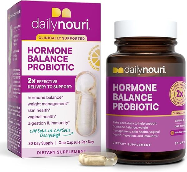 Daily Nouri Hormone Balance Probiotic for Women | Capsules for PCOS, Vaginal pH, Yeast Balance, Skin Health, Digestion & Immunity | 7 Probiotic Strains & Vegan Ahiflower Omega Oil | 30-Day Supply
