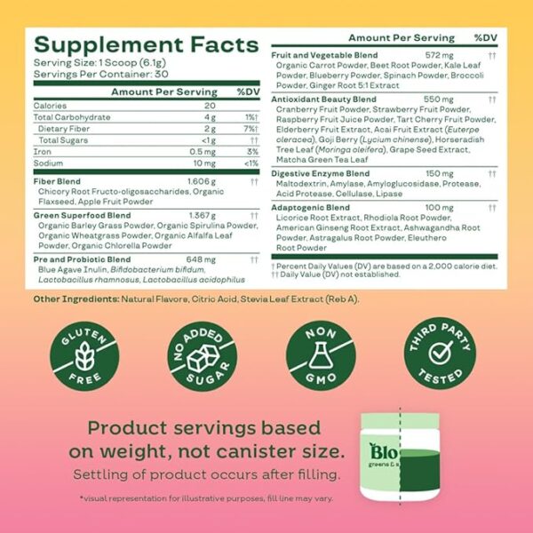 Bloom Nutrition Superfood Greens Powder, Digestive Enzymes with Probiotics and Prebiotics, Gut Health, Bloating Relief for Women, Chlorella, Juice Mix w/Beet Root Powder, 30 SVG, Orange Passionfruit - Image 5