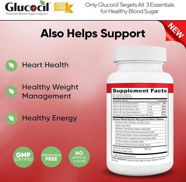 Glucocil – New - Vegetarian Capsules - Premium Blood Sugar Support - Supports The 3 Essentials for Healthy Blood Sugar - with Berberine, Proprietary Mulberry Leaf, and More - Image 4