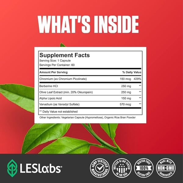 LES Labs Insulin Health – Metabolic Health and Support, Lipid & Carbohydrate Metabolism – Berberine, Chromium, Olive Leaf, Alpha Lipoic Acid & Vanadium – Non-GMO Supplement – 60 Capsules - Image 4