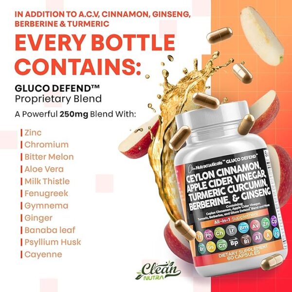 Clean Nutraceuticals Ceylon Cinnamon Turmeric Apple Cider Vinegar Ginseng Berberine Plus Bitter Melon Gymnema Milk Thistle Fenugreek - Image 3