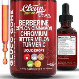 Clean Nutra Berberine with Ceylon Cinnamon Supplement Liquid Drops + Bitter Melon Extract, Glucomannan, Gymnema, Chromium, Turmeric, Organic Panax Ginseng, Moringa GLP-1 Support